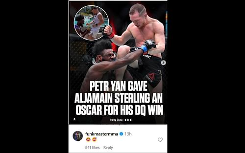 Screenshot of Sterling's reaction to Yan giving him an Oscar [Image courtesy: @espnmma on Instagram]