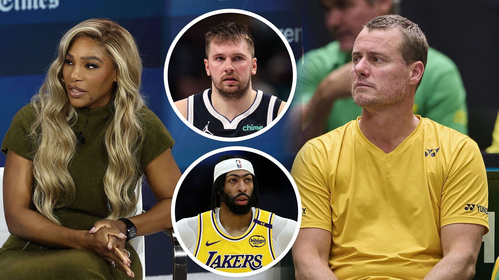 Serena Williams (left), Lleyton Hewitt (right), Luka Doncic (top center), Anthony Davis (bottom center), Sources: Getty