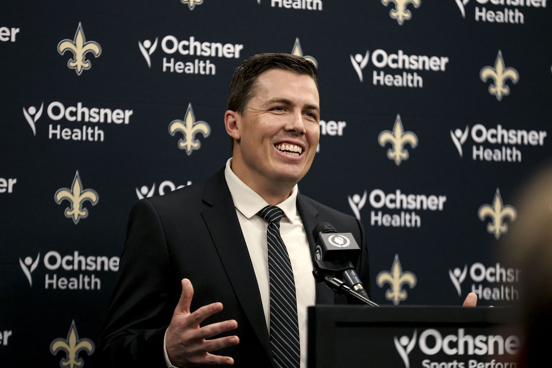 METAIRIE, LOUISIANA - FEBRUARY 13: Newly named head coach Kellen Moore of the New Orleans Saints speaks during a introductory press conference at the Ochsner Sports Performance Center on February 13, 2025 in Metairie, Louisiana. (Photo by Derick E. Hingle/Getty Images) - Source: Getty