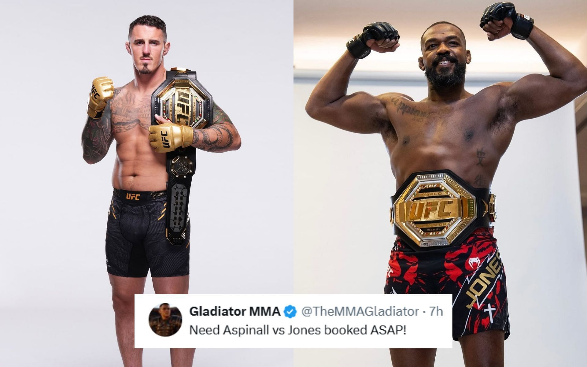 Tom Aspinall (left) criticizes Jon Jones (right). [Images courtesy: @tomaspinallofficial and @tntsportsufc on Instagram]