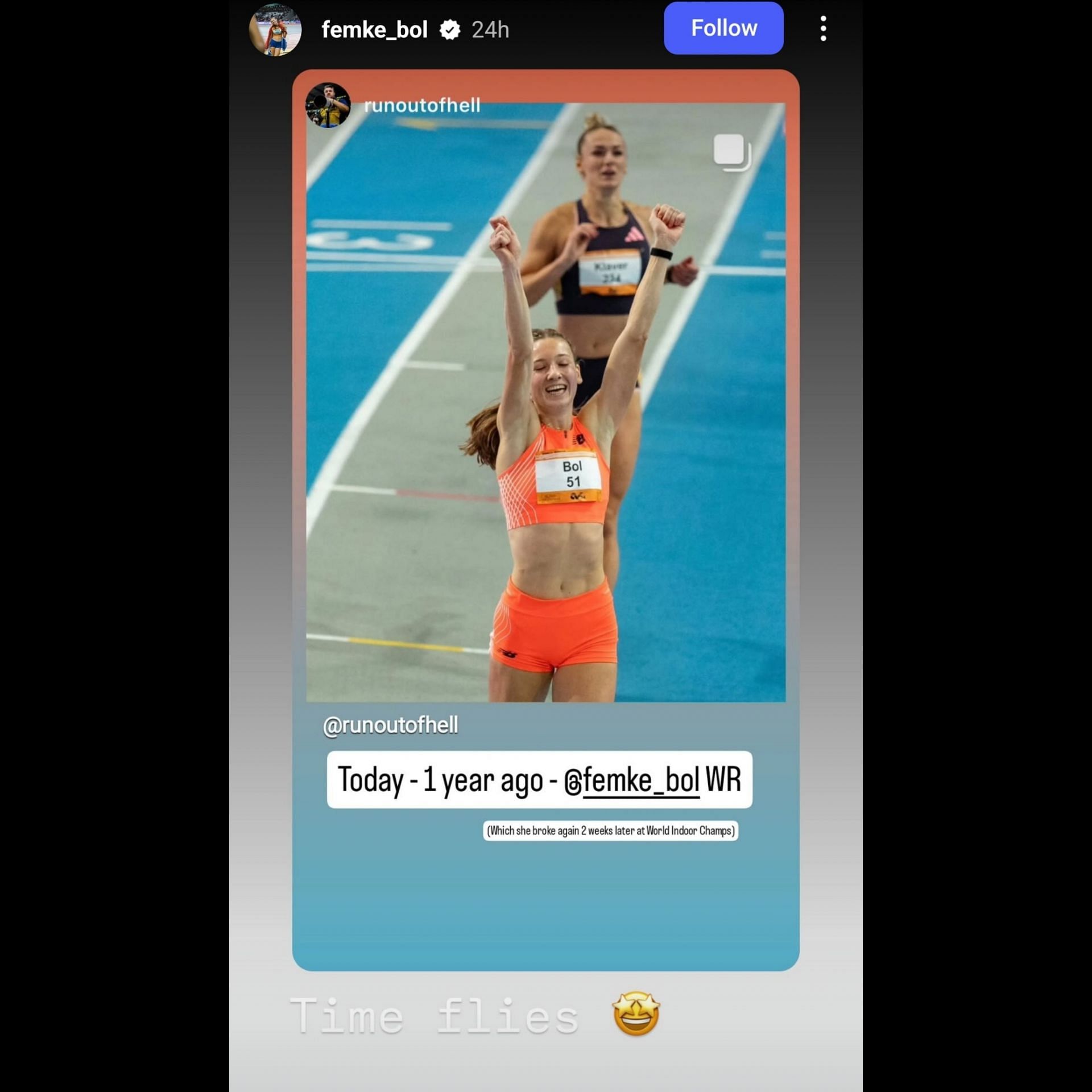 Screenshot of Femke Bol&rsquo;s Instagram story. Credits - IG/ @femke_bol