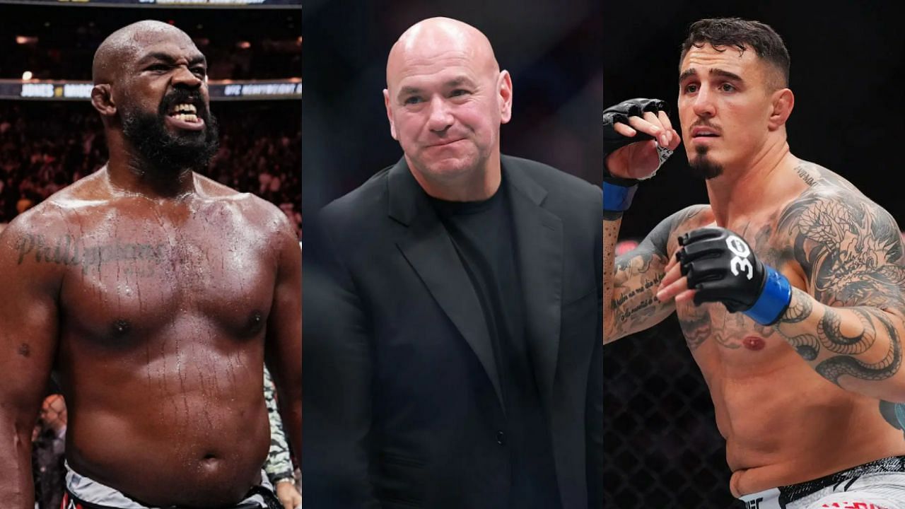 Jon Jones (Left), Dana White (Middle), and Tom Aspinall (Left)