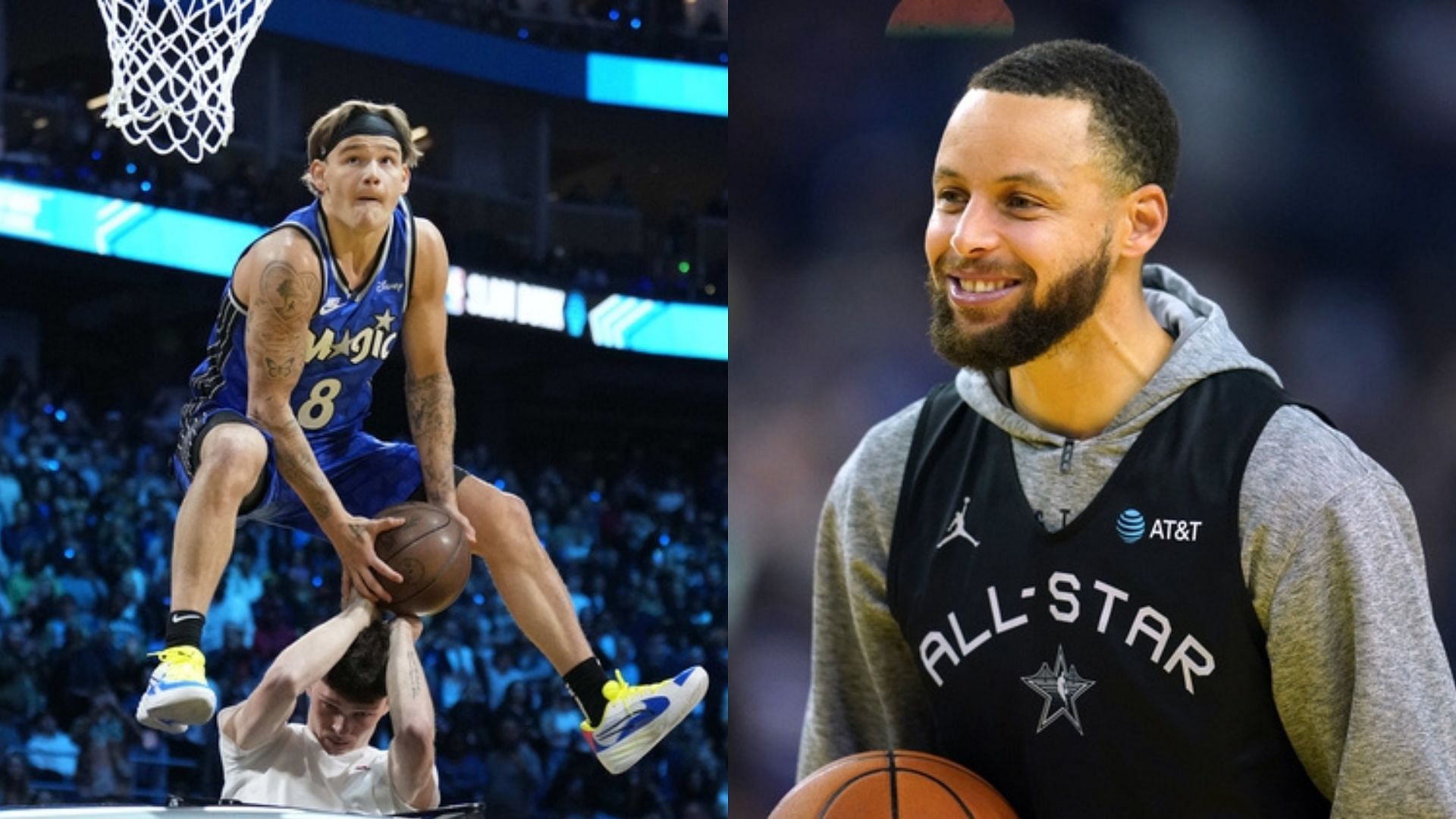 Mac McClung jumps up to dunk the ball during the All-Star Contest, Golden State Warriors guard Steph Curry. Photo Credits: Imagn