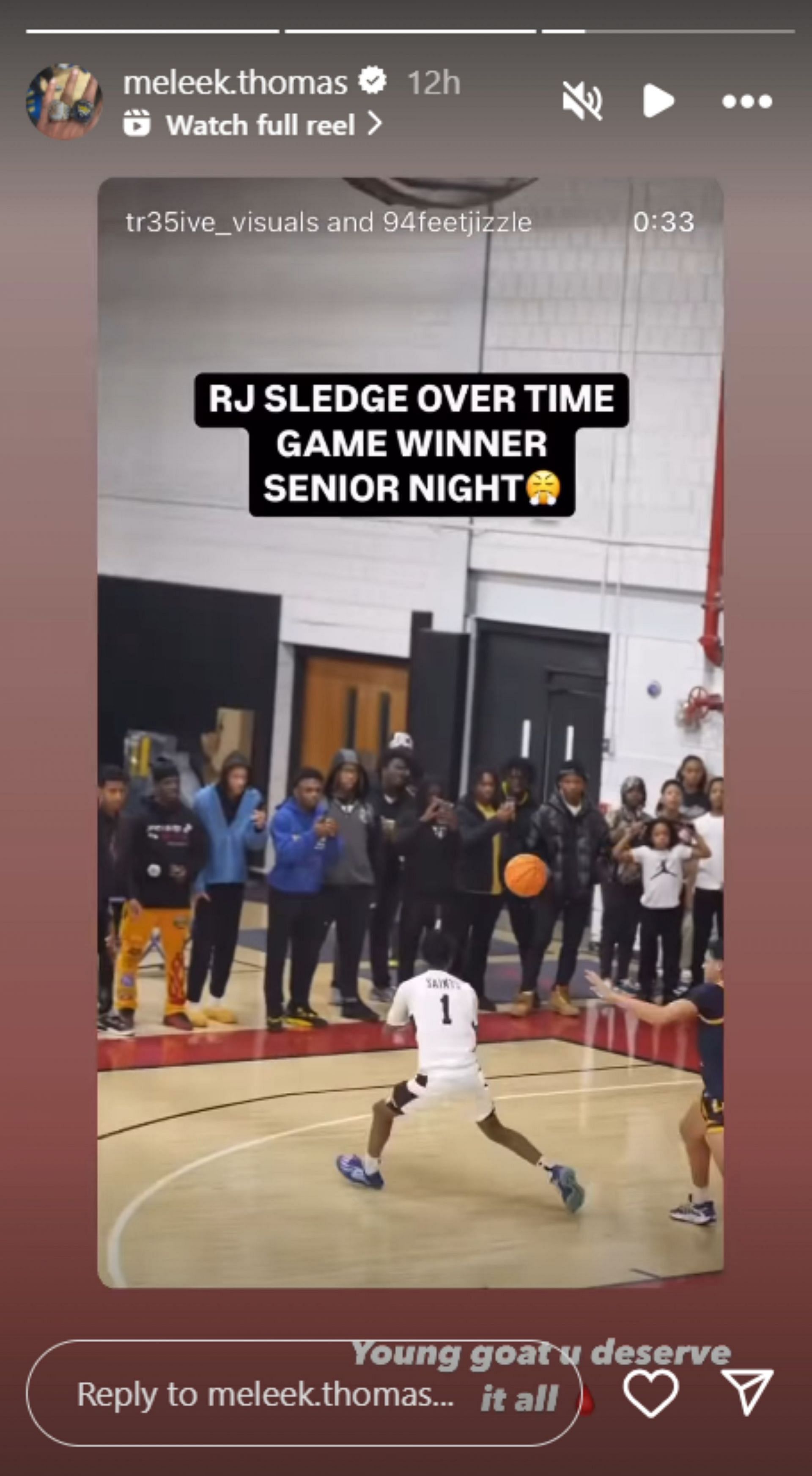 McDonald&#039;s All-American Meleek Thomas hypes up R.J. Sledge&#039;s clutch moment at senior night game (Image: IG/meleek.thomas)