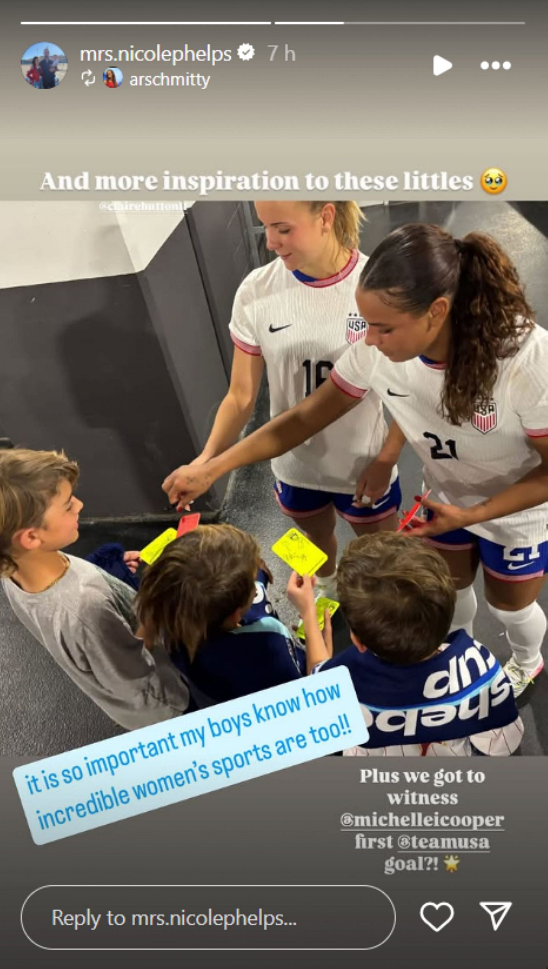 Phelps&#039; wife Nicole gushed over his kids sharing frame with US team at SheBelieves Cup; Instagram - @mrs.nicolephelps