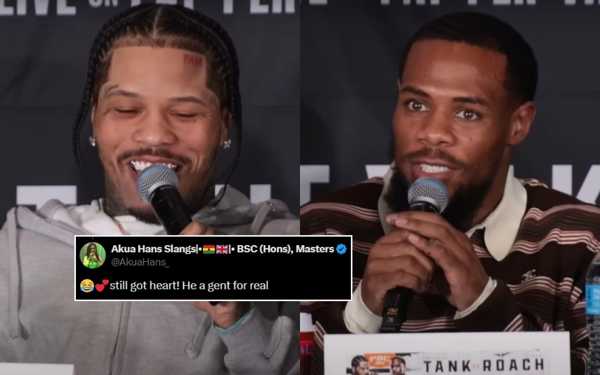 Fans react (insert) to Gervonta Davis (left) refusing to talk trash because Lamont Roach Jr. (right) brought his mom to the press conference. [Image credit: @HappyPunch on X]