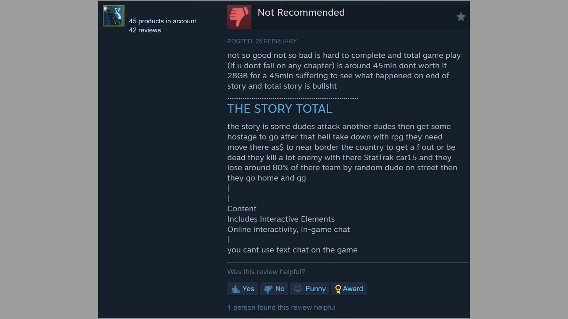 Delta Force negative review criticizing the &quot;story&quot; (Image via Steam)