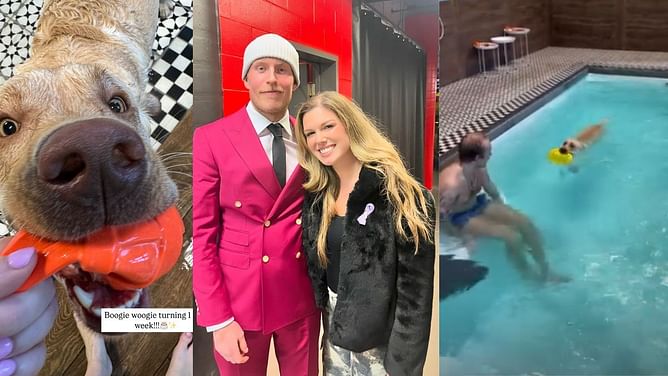 Patrik Laine and fiancee Jordan Leigh take their pet Boogie on 'prebday excursion' with pool outing after 'the craziest February ever'