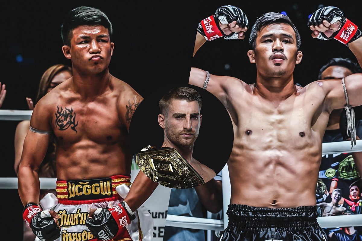 Rodtang (left), Superlek (right), and Jonathan Haggerty (circle inset). [Photos from ONE Championship]