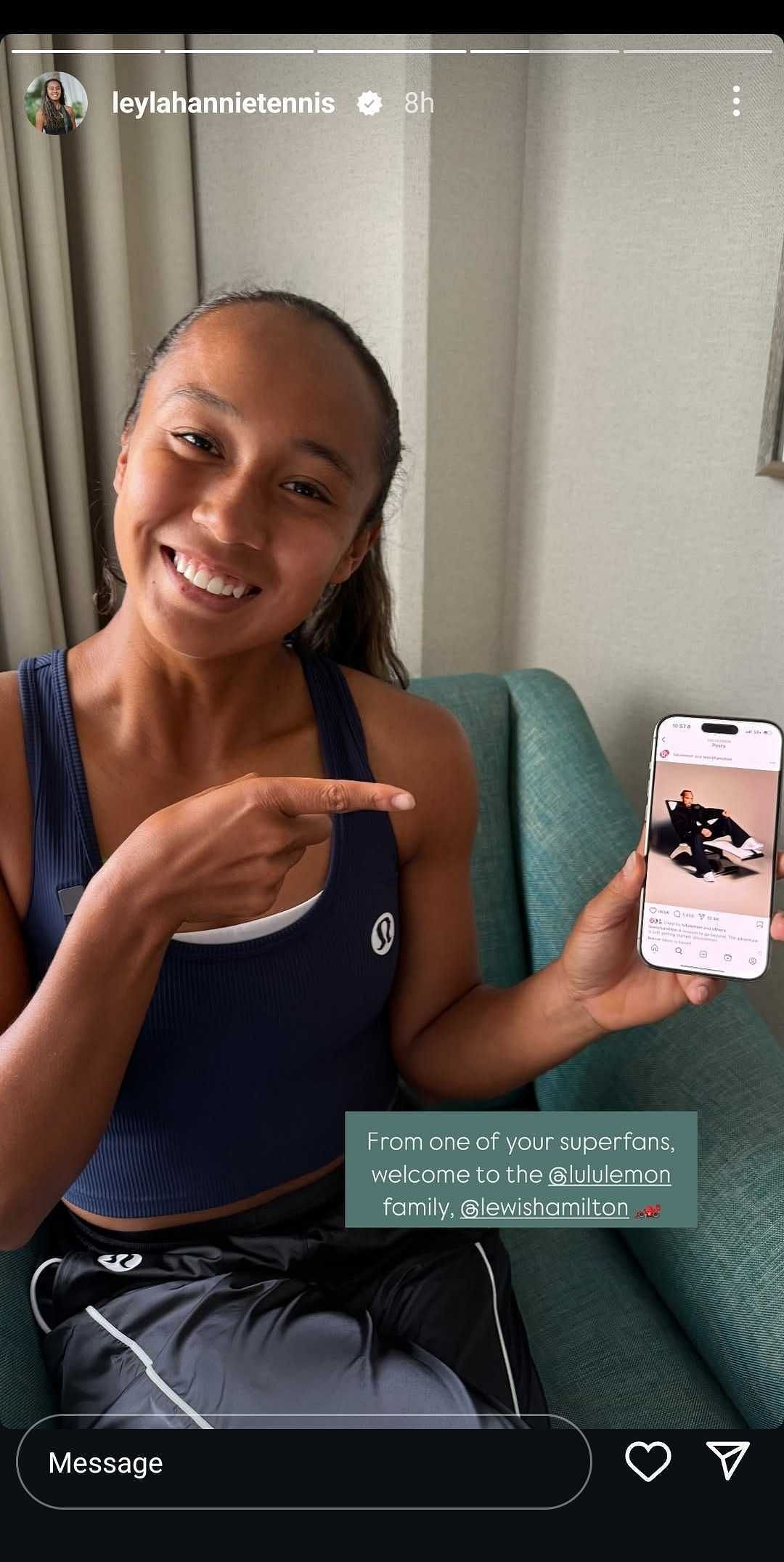 Leylah Fernandez&#039;s Instagram Story welcoming Lewis Hamilton to Lululemon (Source: Instagram/leylahannietennis)