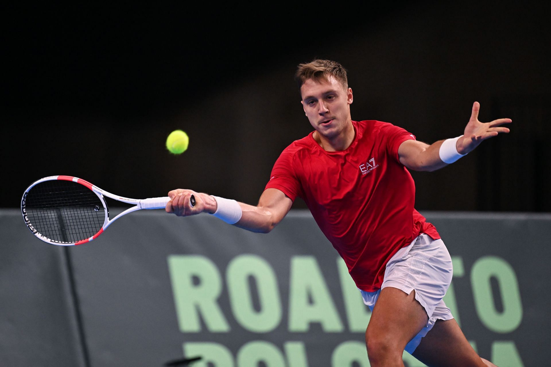 Hamad Medjedovic of Serbia plays a forehand in his game against Holger Rune of during day 1 of the Davis Cup Qualifier first round match - Source: Getty