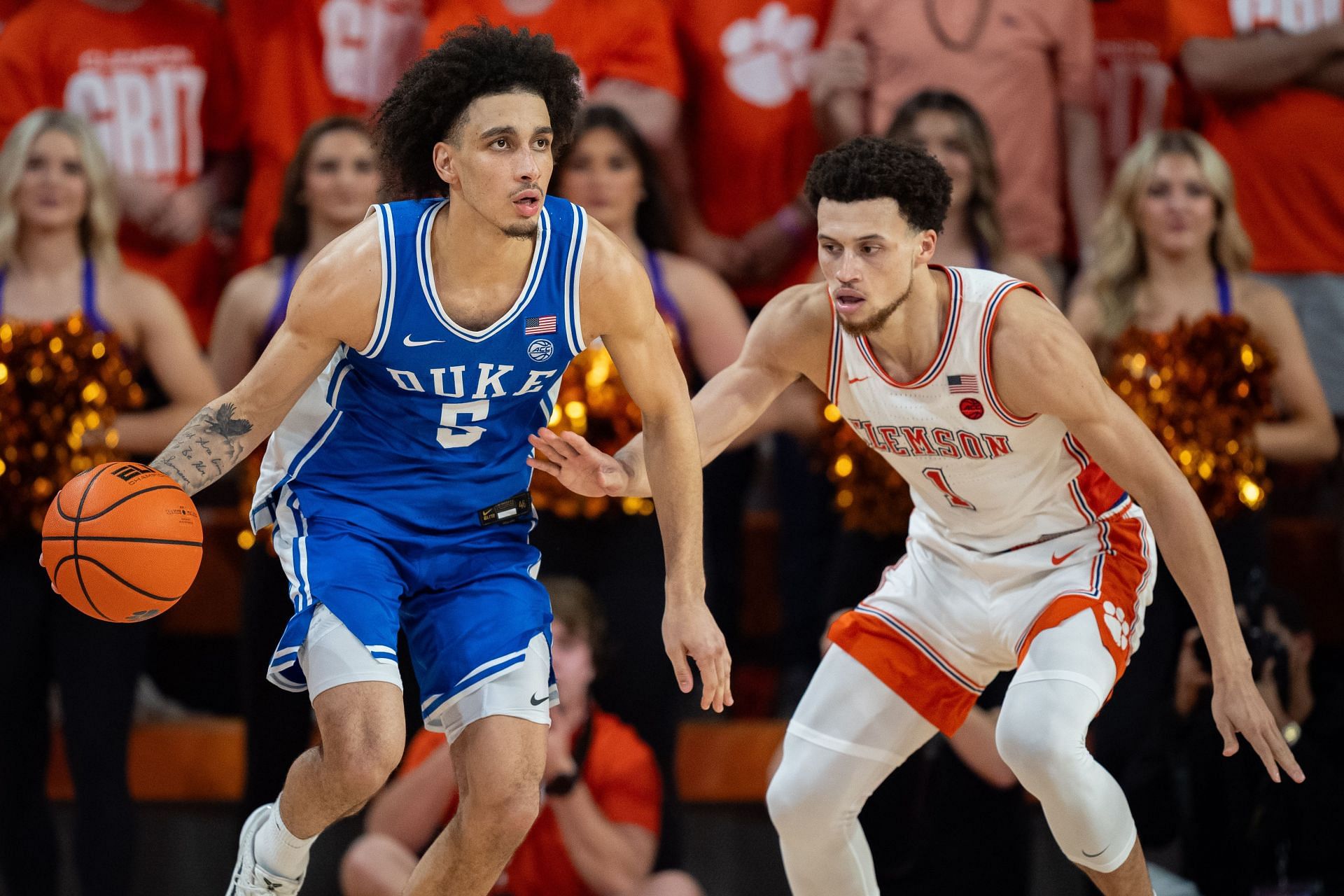 Chase Hunter (#1) of the Clemson Tigers guards Tyrese Proctor (#5) of the Duke Blue Devils in the second half during their game at Littlejohn Coliseum on February 08, 2025. Photo: Getty