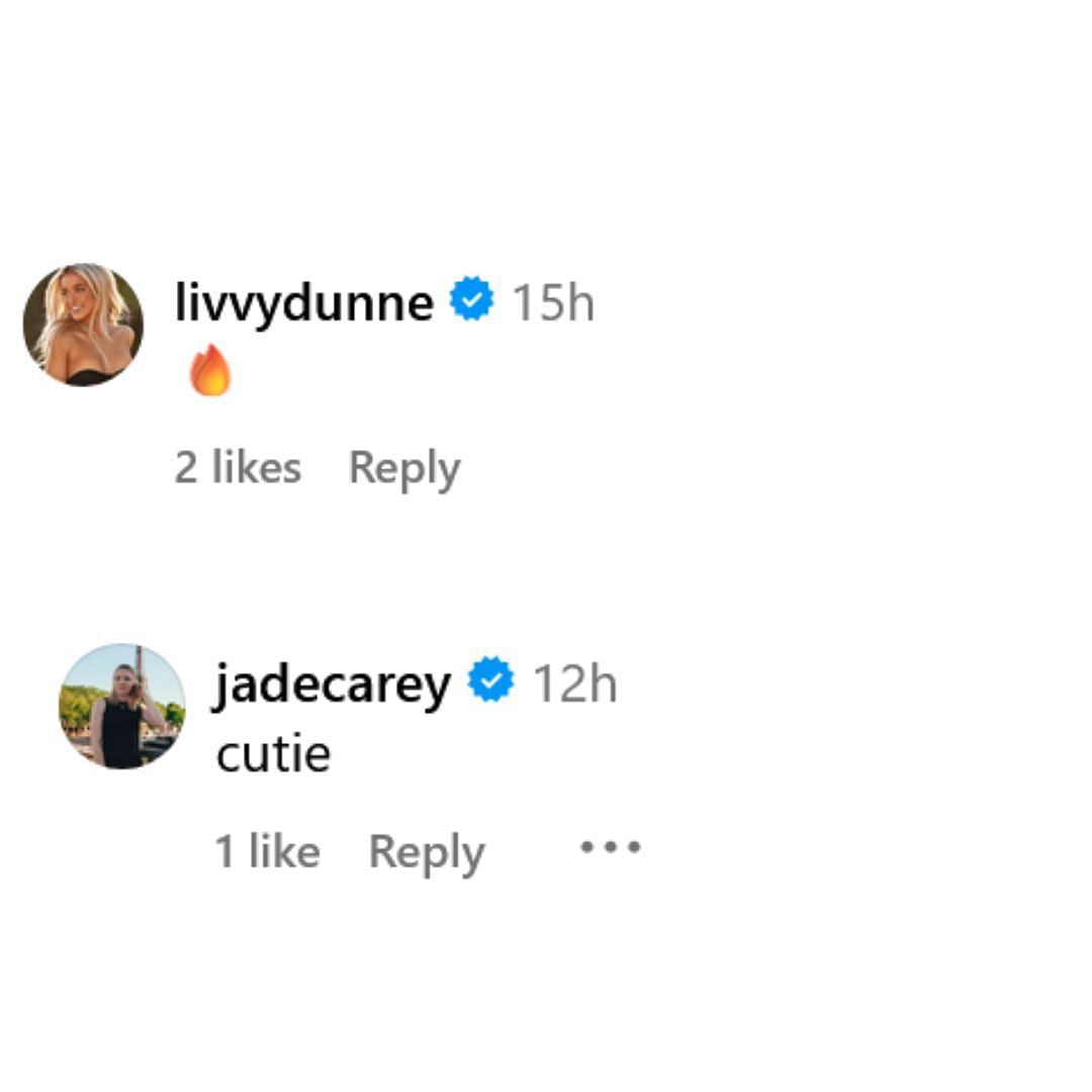 Screenshot of Olivia Dunne and Jade Carey&#039;s comments. IG - hezrivera