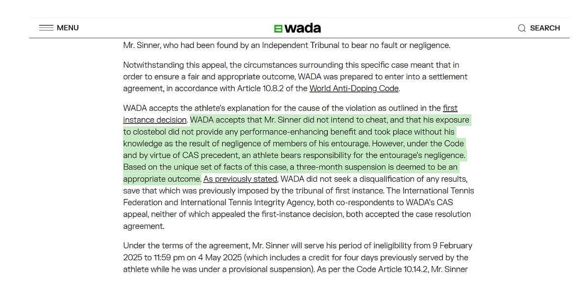 Excerpt from WADA's statement on Jannik Sinner case - Source: WADA