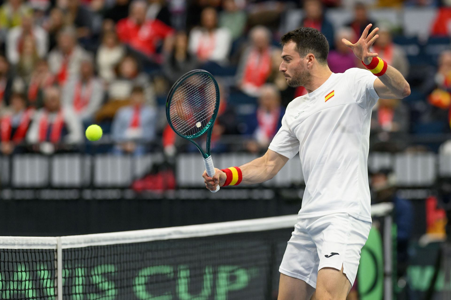 Martinez plays a volley in the 2025 Davis Cup Qualifiers First Round - Source: Getty