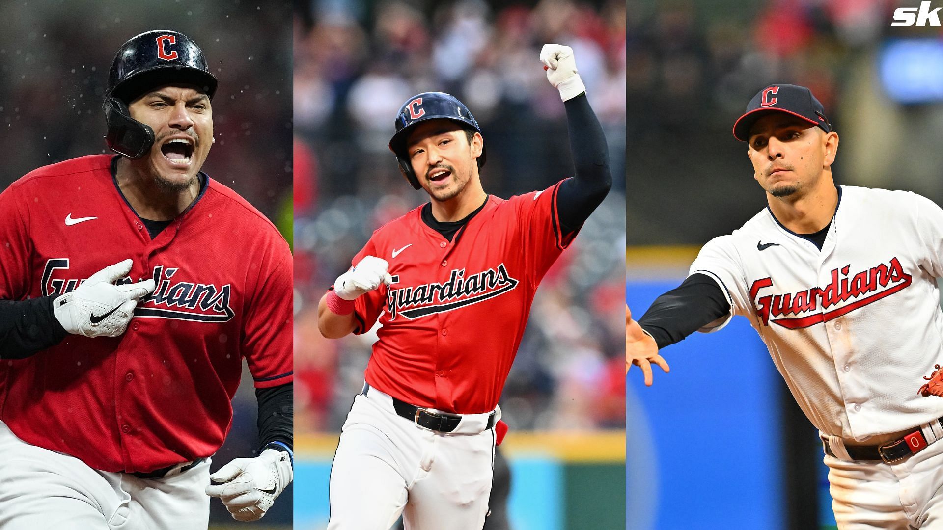 Steven Kwan of the Cleveland Guardians celebrates as he rounds the bases on a solo homer against the Cincinnati Reds at Progressive Field (Source: Getty)