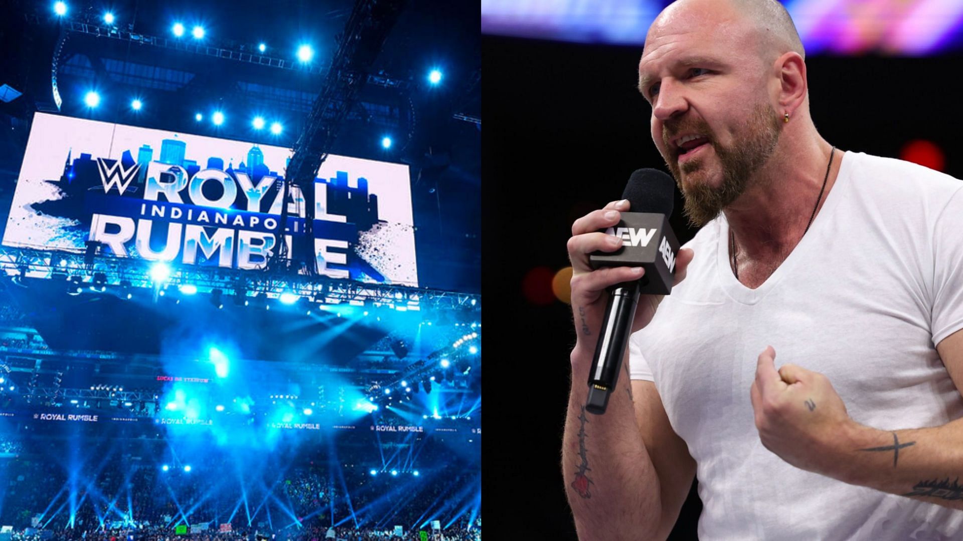 WWE Royal Rumble 2025 (left) and Jon Moxley (right) (Image credits: AEW&rsquo;s Instagram and WWE.com)