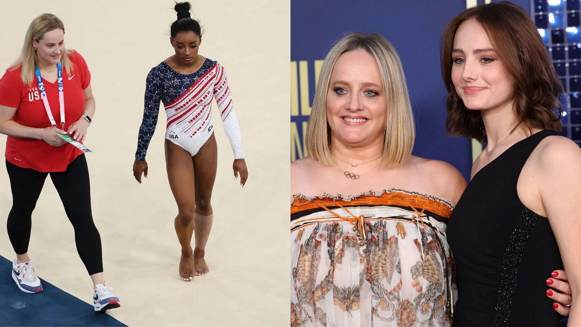 Simone Biles and Cecile Landi (left), and Cecile Landi with her daughter Juliette Landi (right)