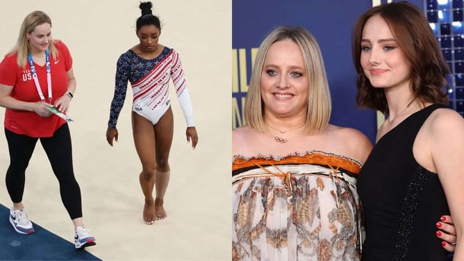 Simone Biles' coach Cecile Landi's daughter reacts to her mother's floor performance at 1996 Atlanta Olympics