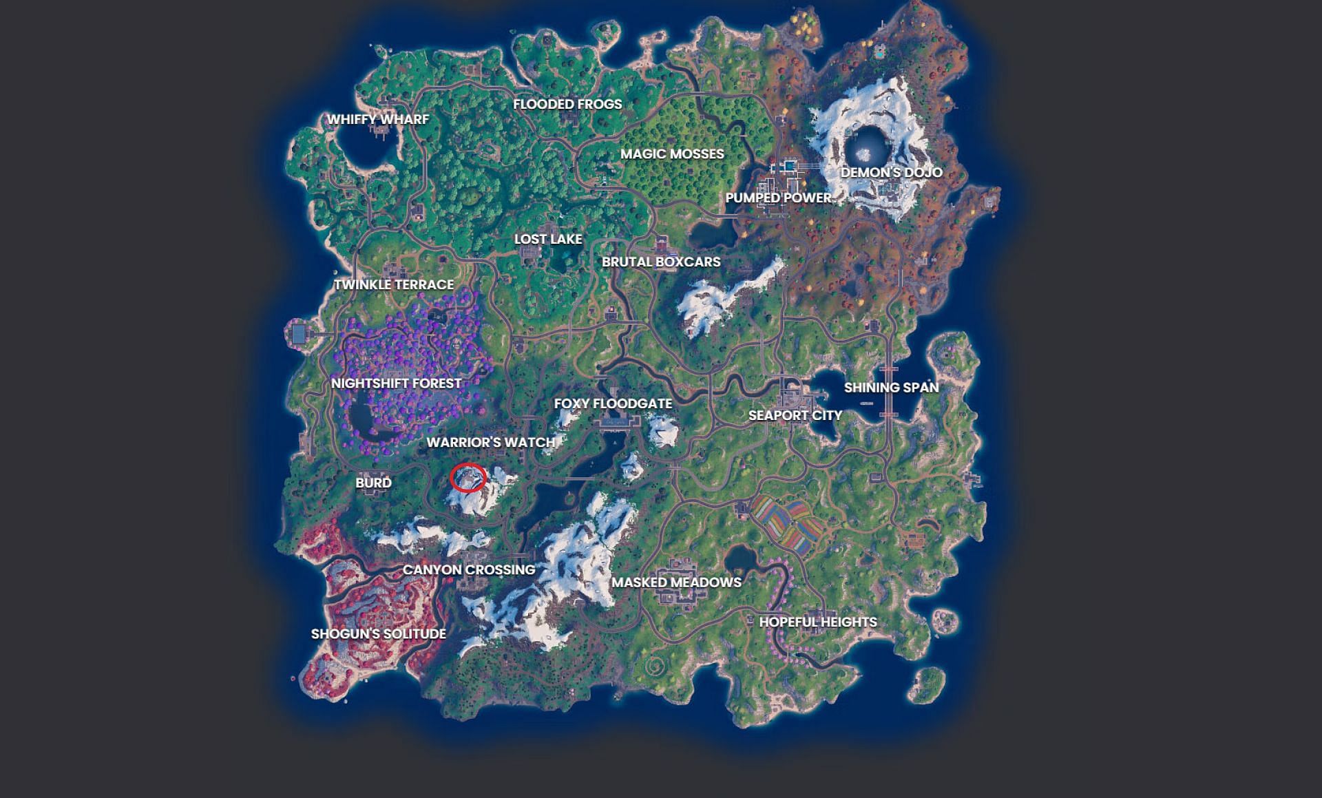 The location marked with the red circle is where the Fortnite Chapter 6 Season 1 live event will occur (Image via Sportskeeda)