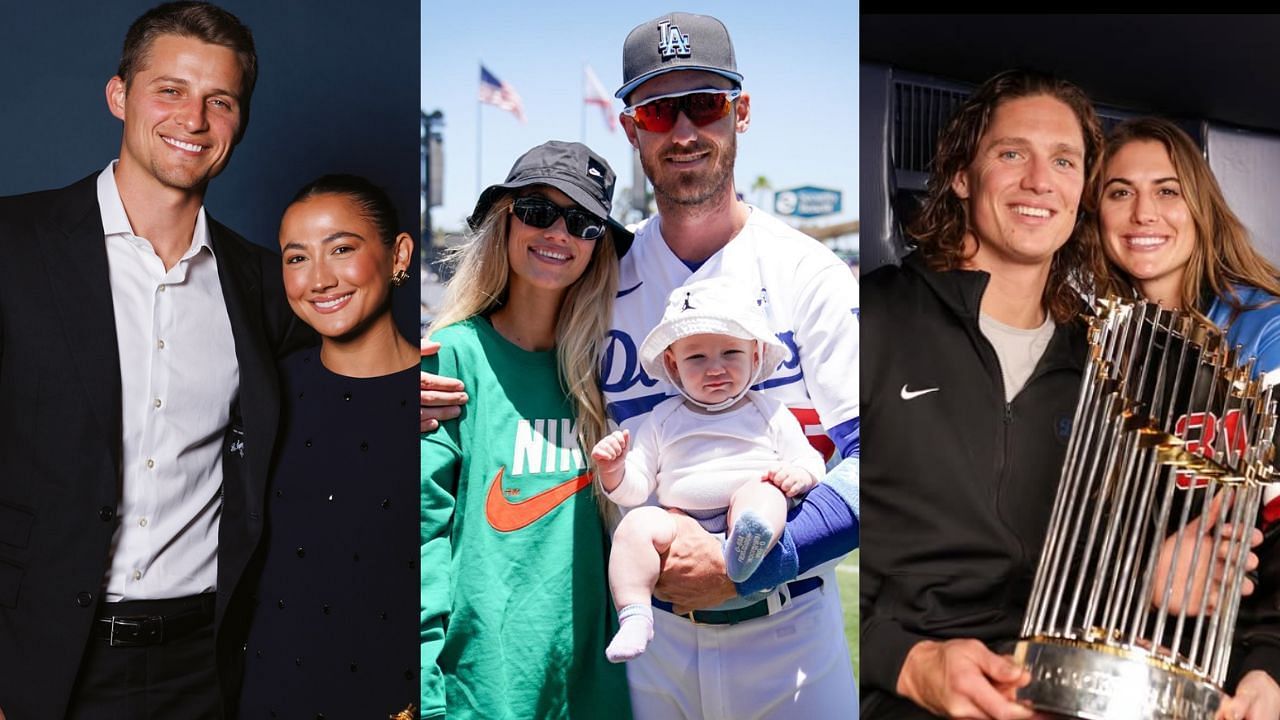 Corey Seager and his wife Madisyn (L), Cody Bellinger with his wife Chase and daughter Caiden (C), Tyler Glasnow and his girlfriend Meghan (Images from - Instagram.com/@madyseager, Instagram.com/@lilbabycheezus, Instagram.com/@glasnowt)