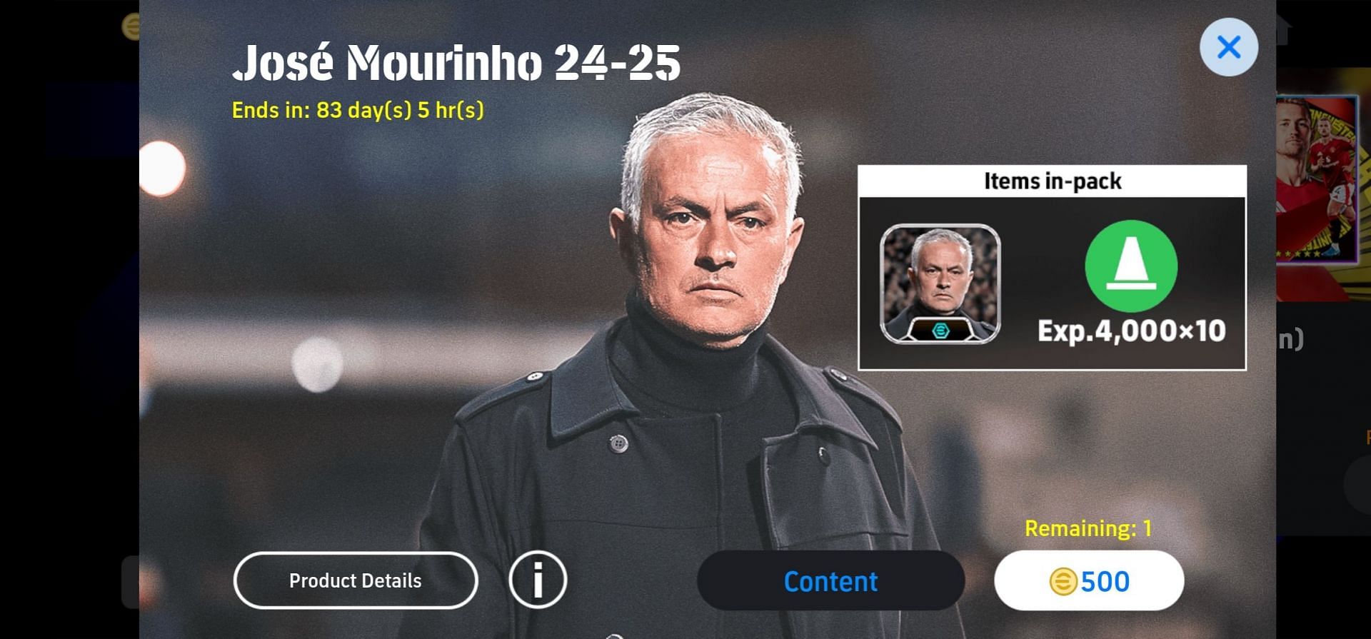 eFootball 2025 Jose Mourinho Manager Pack is currently priced at 500 eFootball Coins (Image via Konami)