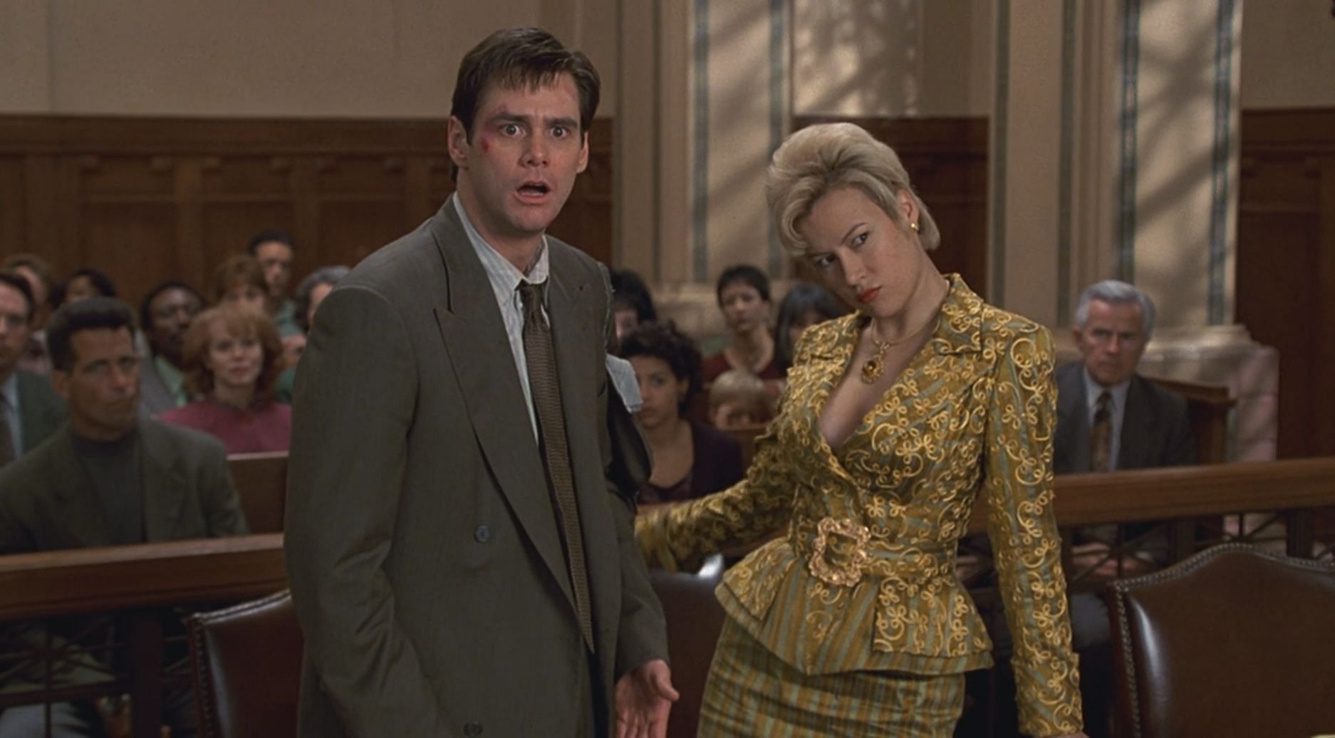 Jim Carrey as a defense lawyer in Liar Liar. (Image via Prime Video)