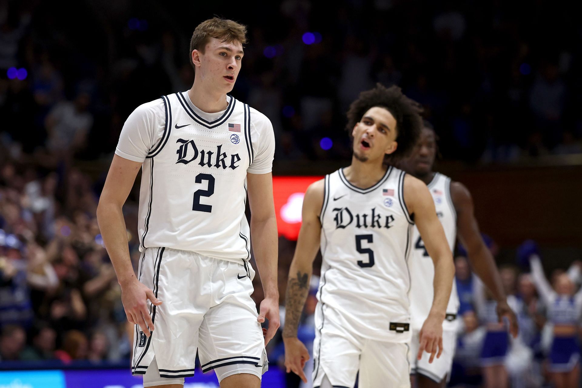 Cooper Flagg (#2) and Tyrese Proctor (#5) of the Duke Blue Devils react during the first half of the game against the North Carolina Tar Heels at Cameron Indoor Stadium on February 01, 2025 in Durham, North Carolina. Photo: Getty