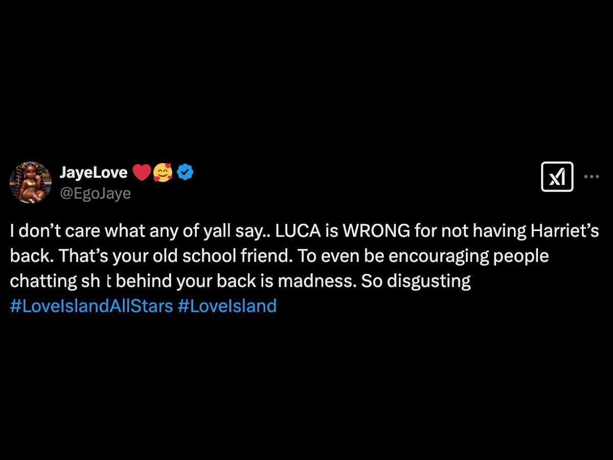 Love Island: All Stars fans criticize Luca (Image via X/@EgoJaye)