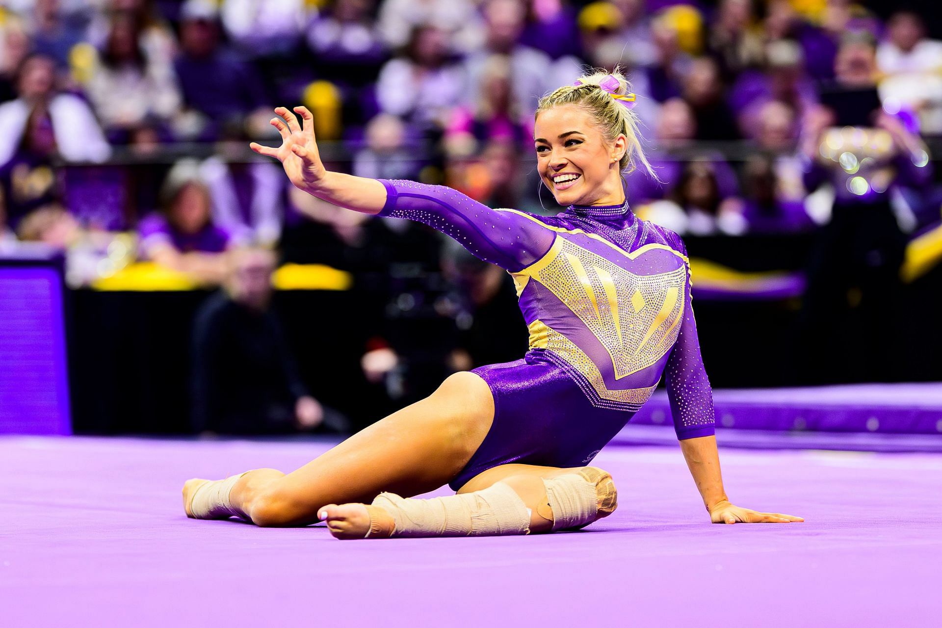 Olivia Dunne of the LSU Tigers during a meet against the Florida Gators in Baton Rouge, Louisiana. (Photo via Getty Images)