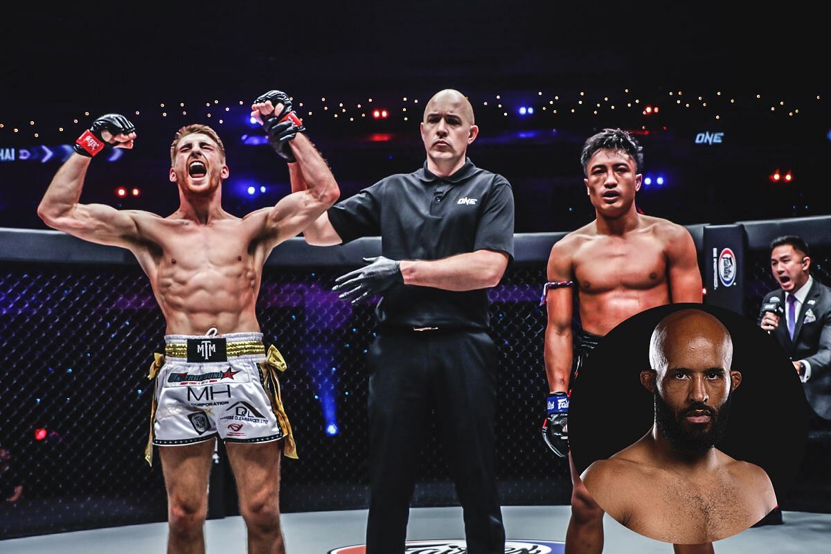 Jonathan Haggerty (left), Mongkolpetch (right), Demetrious Johnson (circle inset) [Photo via ONE Championship]