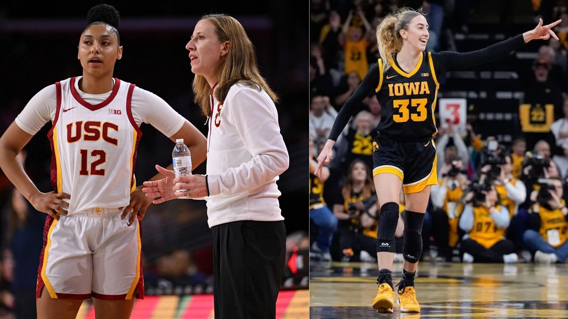 USC Trojans star JuJu Watkins (left), coach Lindsay Gottlieb (center) and Iowa Hawkeyes guard Lucy Olsen (right) | Image Credits: Robert Hanashiro and Jeffrey Becker (IMAGN)