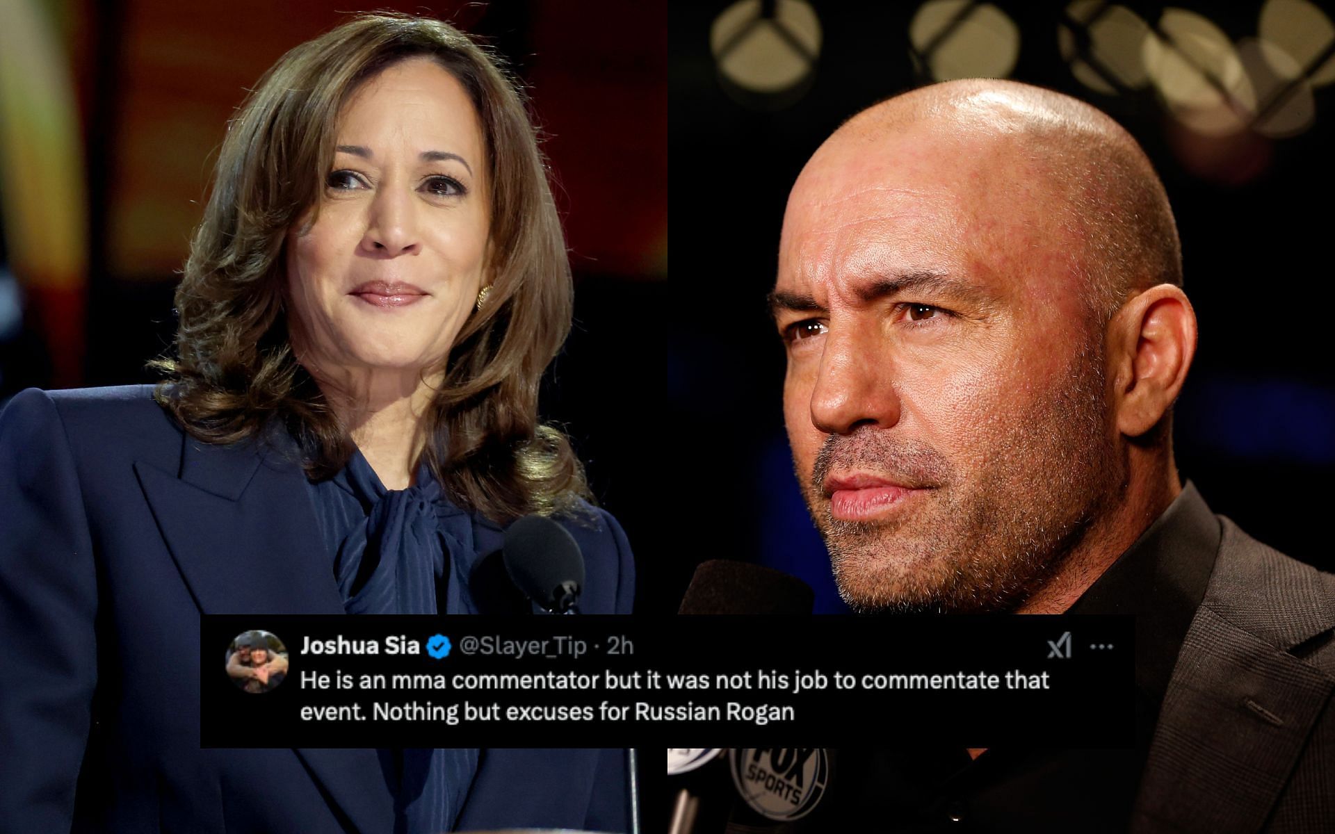 Joe Rogan (right) talks about Kamala Harris (left) interview falling through. [Image courtesy: Getty Images] 