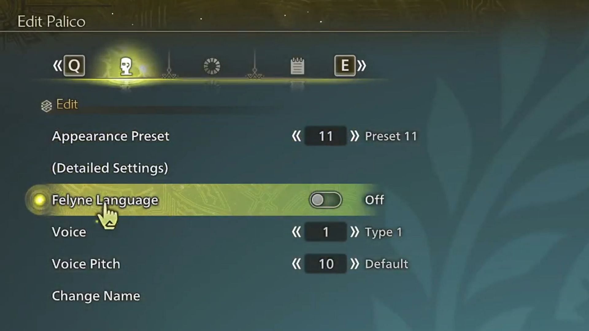 Hover to the language change option for Palico (Image via Capcom)