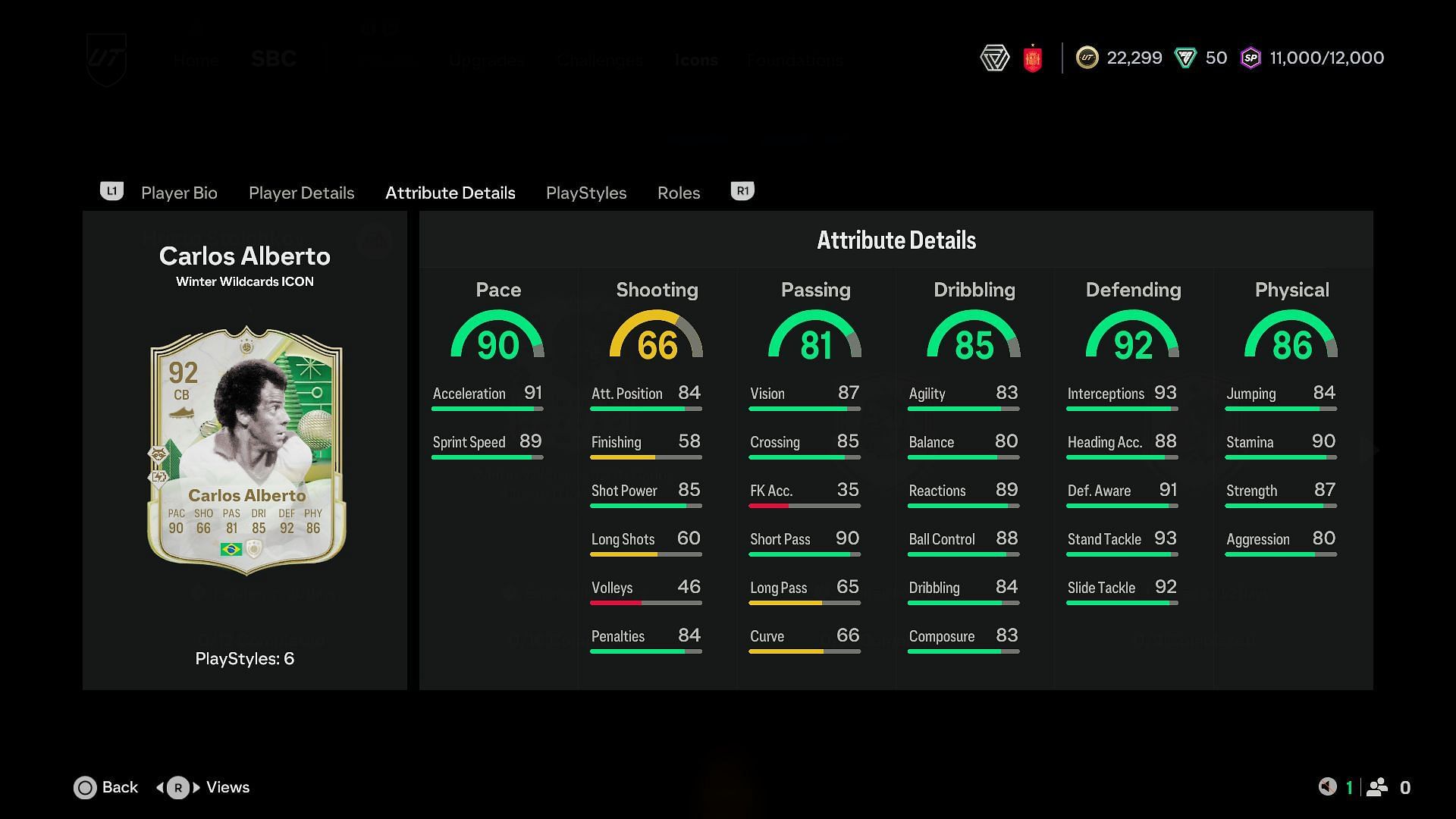 EA FC 25 Carlos Alberto Winter Wildcards Icon card attributes (Image via Sportskeeda Gaming/ EA Sports)