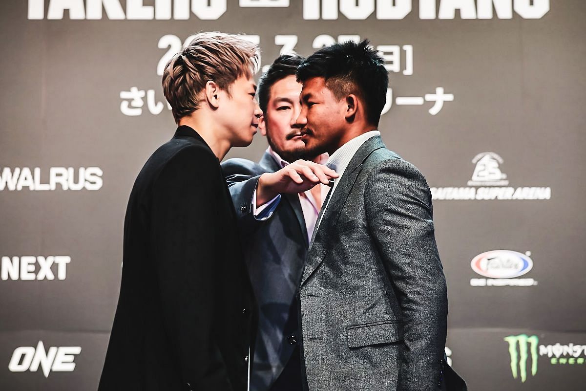 Takeru (left) and Rodtang (right) face-off during the ONE 172 press conference. [Photo via: ONE Championship]