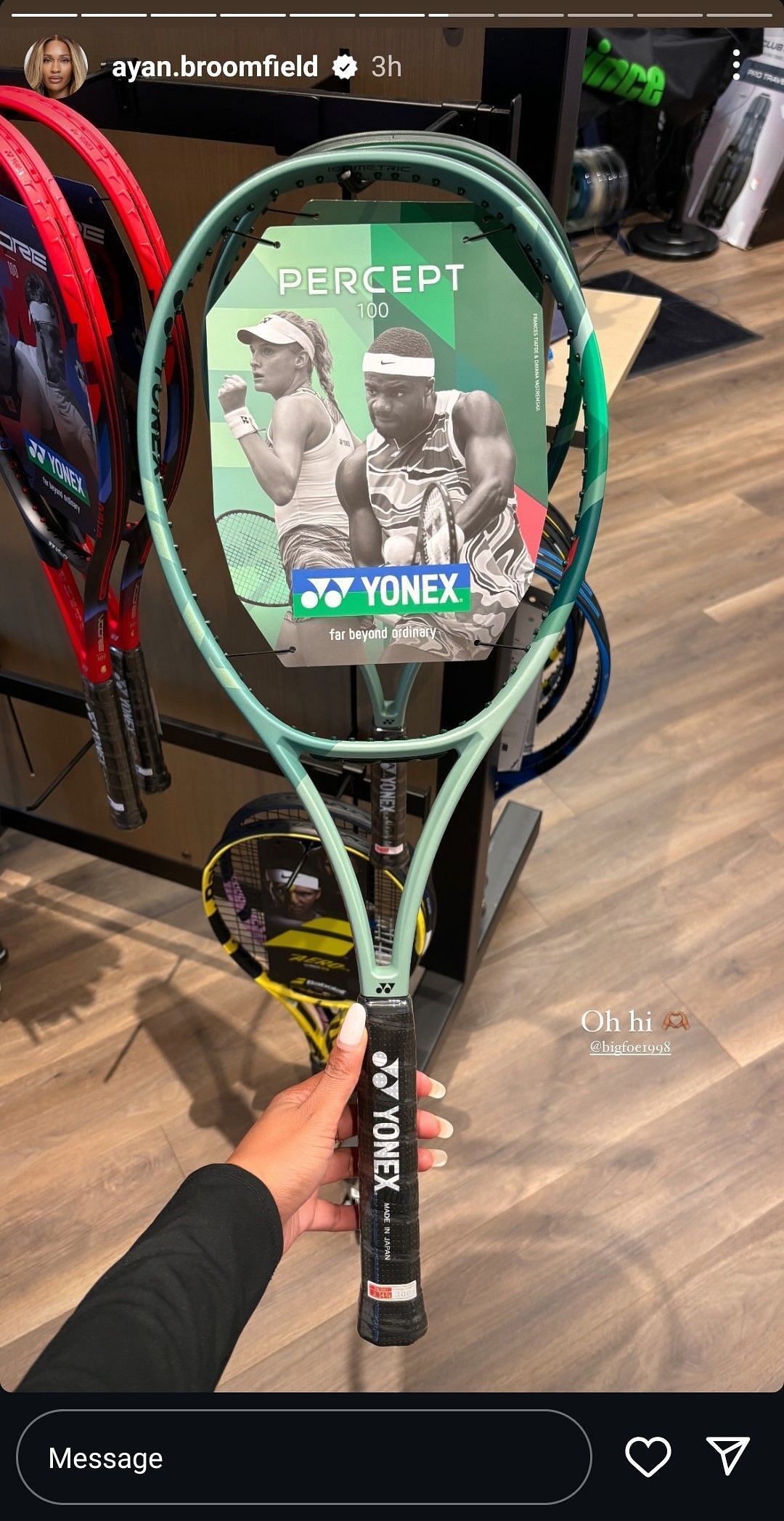 Broomfield&#039;s message to Frances Tiafoe from the Miami racket store (Source: Instagram/Ayan Broomfield)