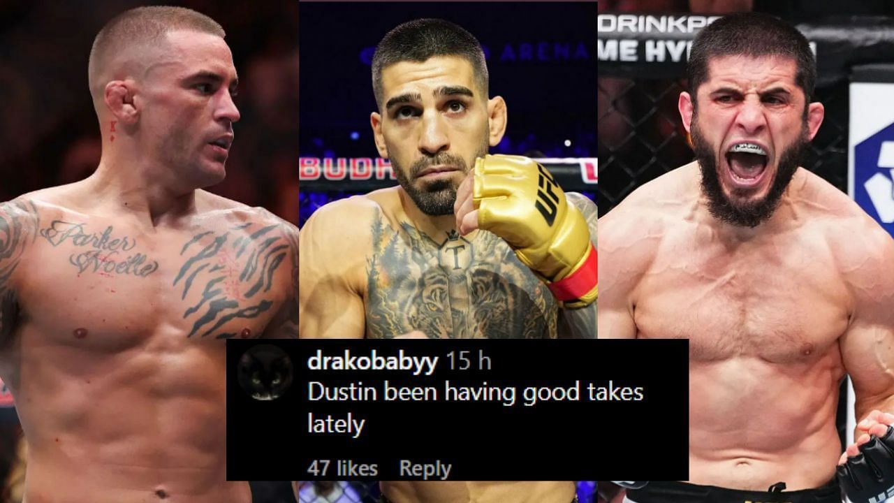 Dustin Poirier (Left), Ilia Topuria (Middle), and Islam Makhachev (Right)