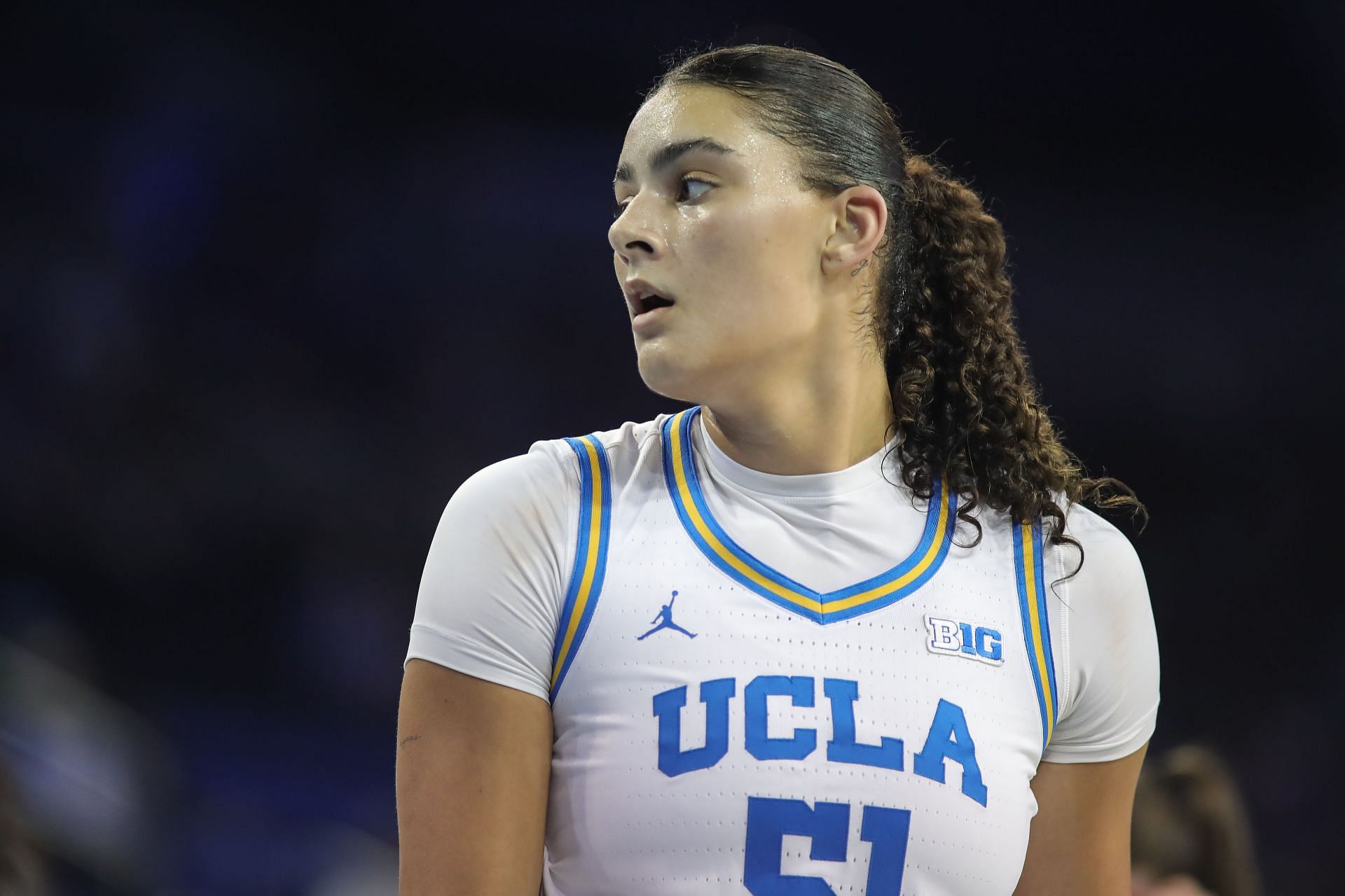 UCLA Bruins center Lauren Betts (#51) in action against the Minnesota Golden Gophers on February 02, 2025, at Pauley Pavilion in Los Angeles, CA. Photo: Getty