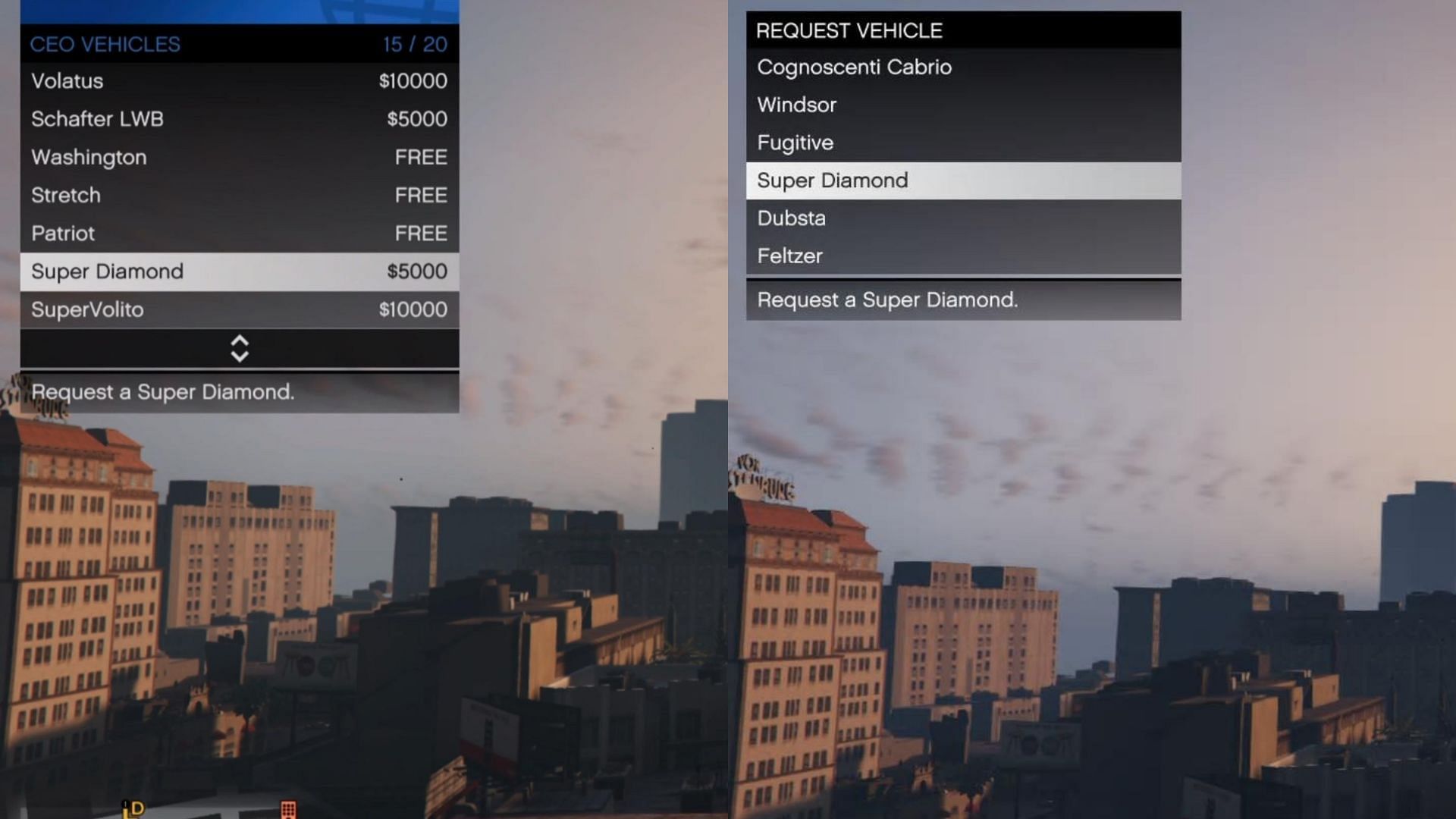 The Super Diamond can be requested as a CEO Vehicle or from Ms. Baker&#039;s Car Service option (Images via Rockstar Games)