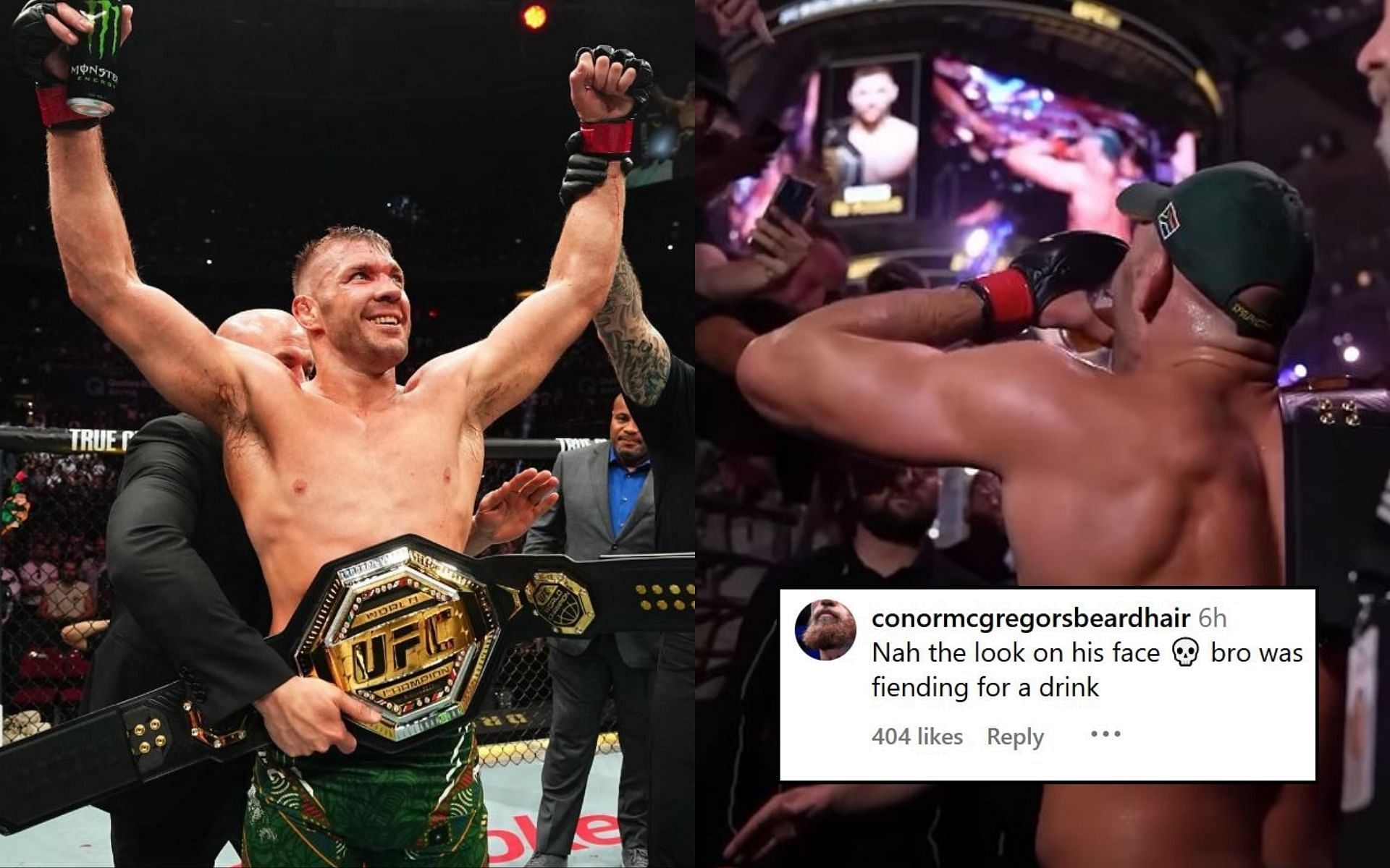 Fan react (insert) to Dricus du Plessis (left) downing a cup of beer (right) post UFC 312. [Image credit: @dricusduplessis, @ufc on Instagram]