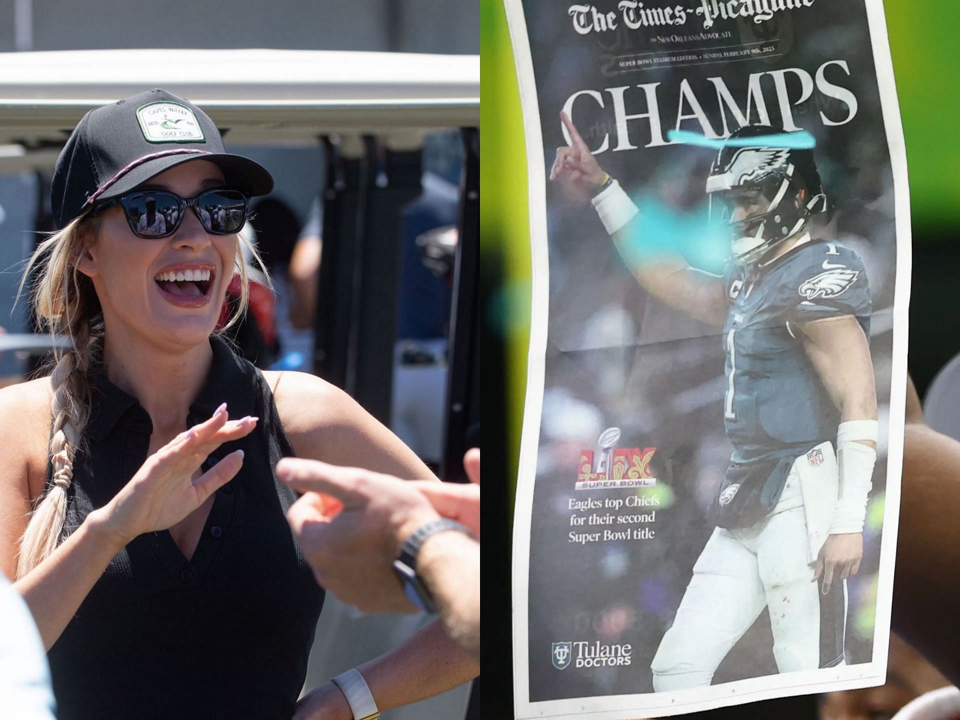 Paige Spiranac reacts to Philadelphia Eagles win at Super Bowl LIX (images via Imagn)