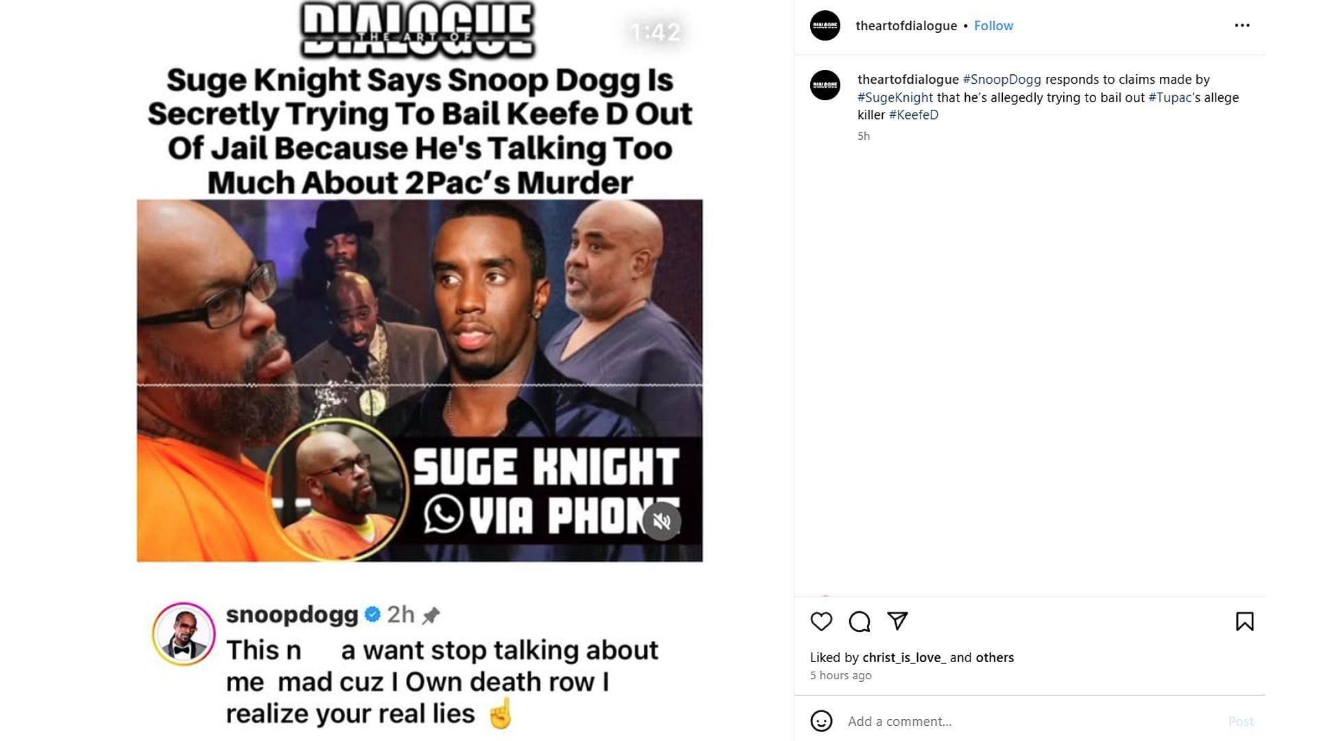 Post addressing Snoop Dogg&#039;s comment (Image via Instagram/ @theartofdialogue)