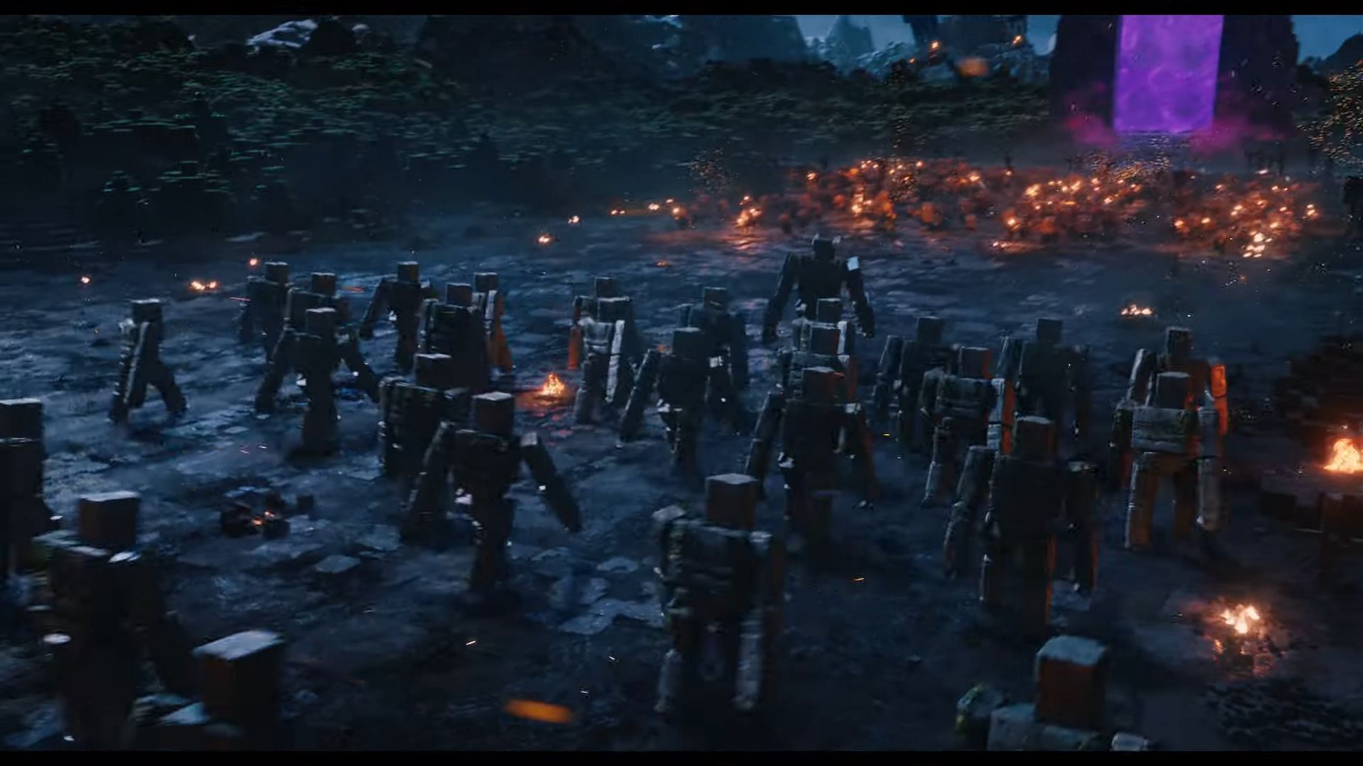 Army of Iron Golems advancing against the piglins in A Minecraft Movie final trailer (Image via Warner Bros. Pictures)