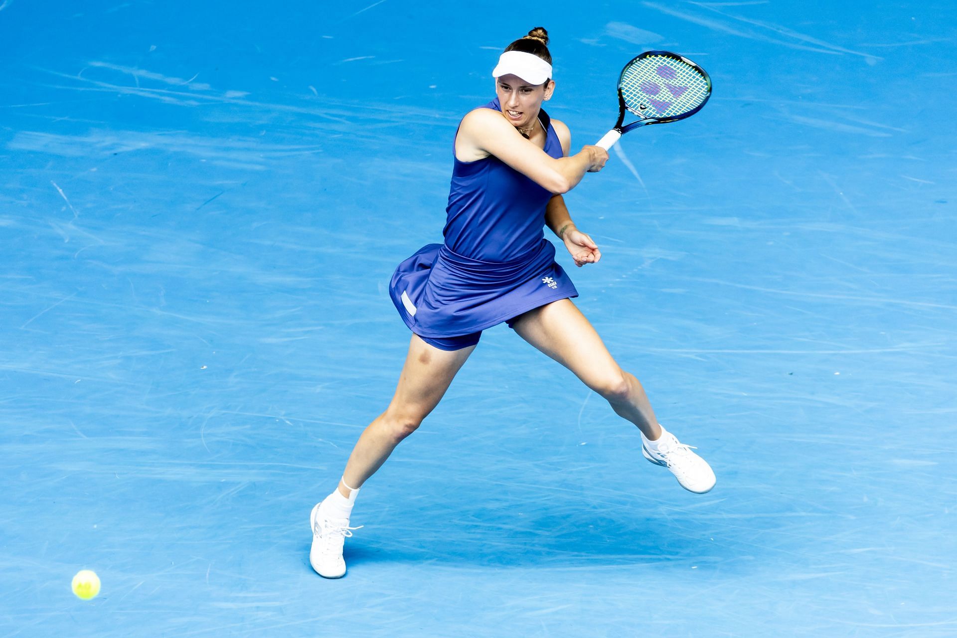 Elise Mertens plays a forehand against Jessica Pegula in the second round of the 2025 Australian Open - Source: Getty