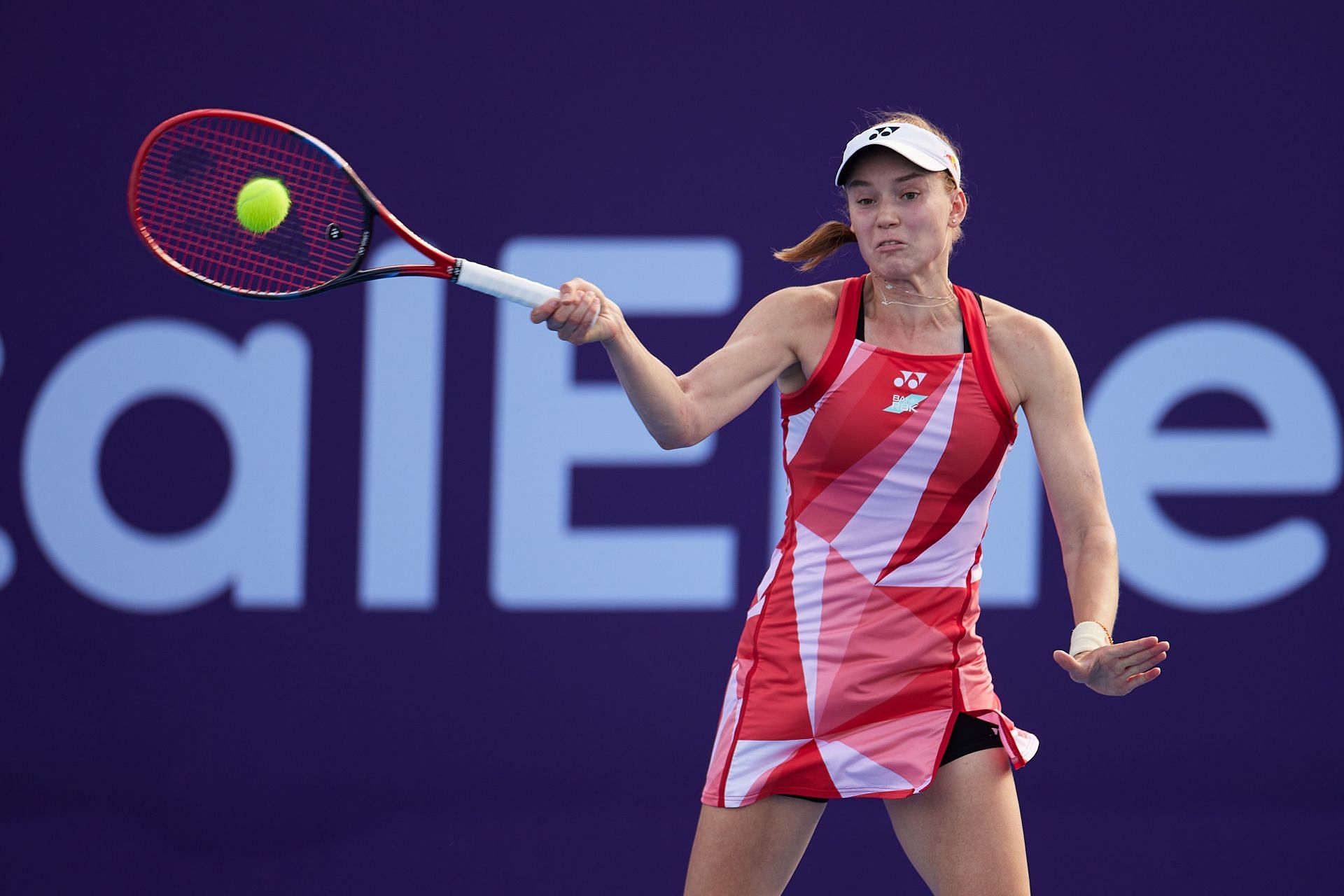 Elena Rybakina of Kazakhstan plays a forehand shot against Rebecca Sramkova of Slovakia during day four of the Qatar TotalEnergies Open - Source: Getty