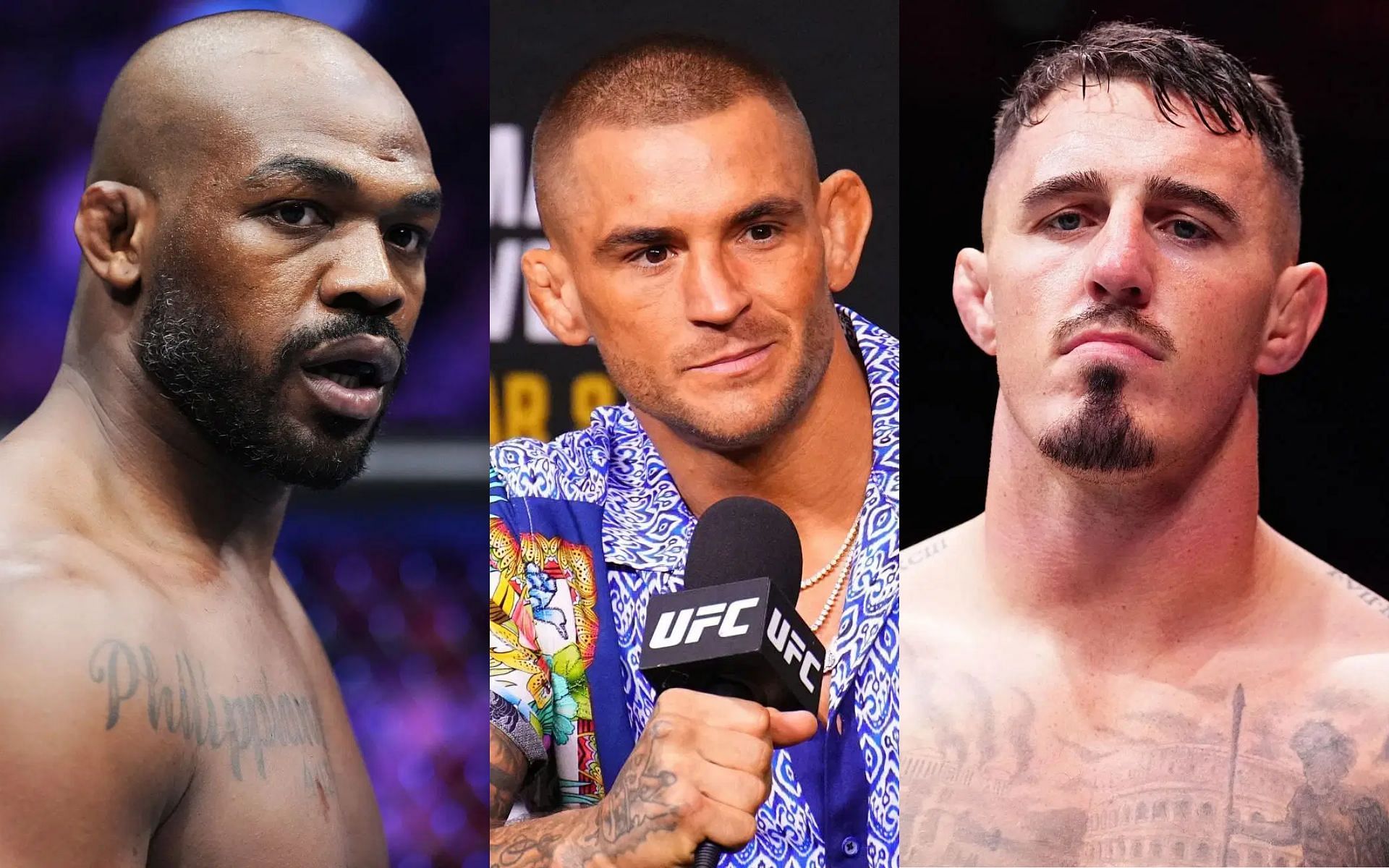 Dustin Poirier (middle) calls for UFC to make Jon Jones (left) versus Tom Aspinall (right) official [Images courtesy: Getty Images