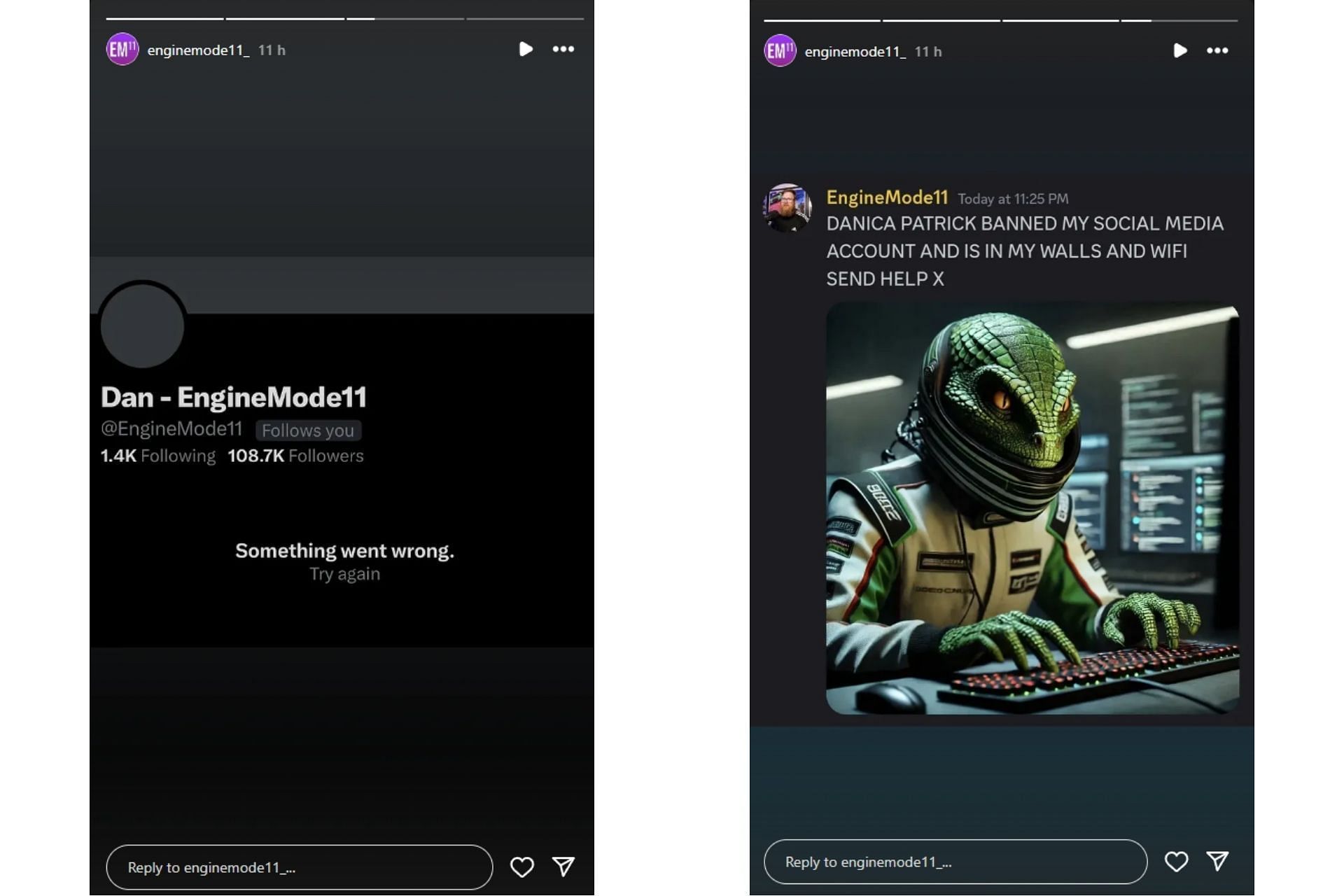 Dan reveals that his X account was banned earlier (@enginemode11_ on X)