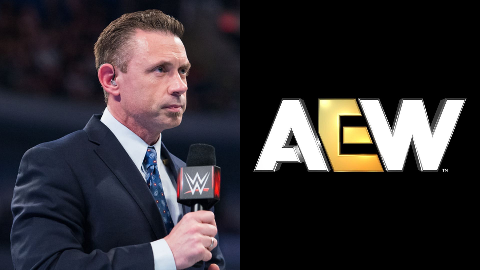 WWE name Michael Cole (left) and AEW logo (right). (Image credits: wwe.com &amp; AEW Facebook page)