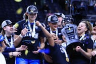 Lauren Betts (#51) of the UCLA Bruins celebrates with her teammates after winning the Big Ten Women's Basketball tournament against the USC Trojans at Gainbridge Fieldhouse on March 09, 2025 in Indianapolis, Indiana. Photo: Getty